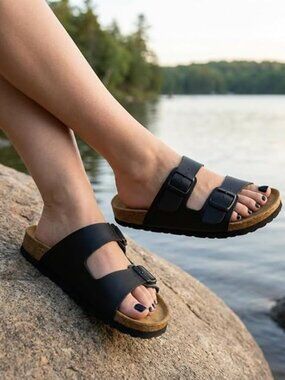 Womens Sandals Comfortable Double Buckle Slip On Sandals for Women with Arch Sup
